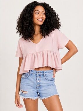 Altered State Light Pink V-Neck Peplum Crop Top